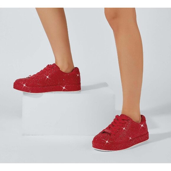Women's Red Platform Rhinestone Fashion Glitter Sneakers Sparkly Shiny Shoes - Picture 9 of 9